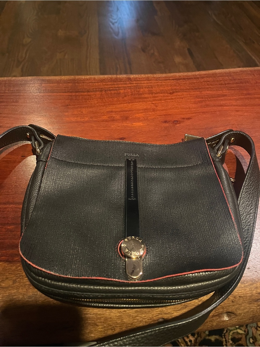 Furla Black Crossbody Bag with Red Trim